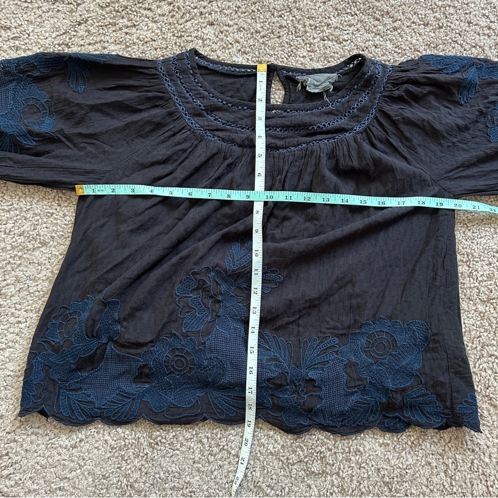 Anthropologie Black Navy Salma Embroidered Lined Peasant Blouse Size 0 - Picture 11 of 12
